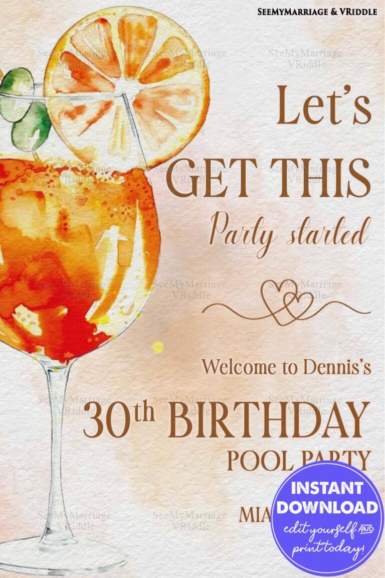 Tropical 30th Birthday Pool Party Invitation with Watercolor Cocktail and Orange Summer Vibes