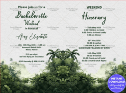 Tropical Bachelorette Weekend Invitation Suite with Greenery Border and Itinerary Details