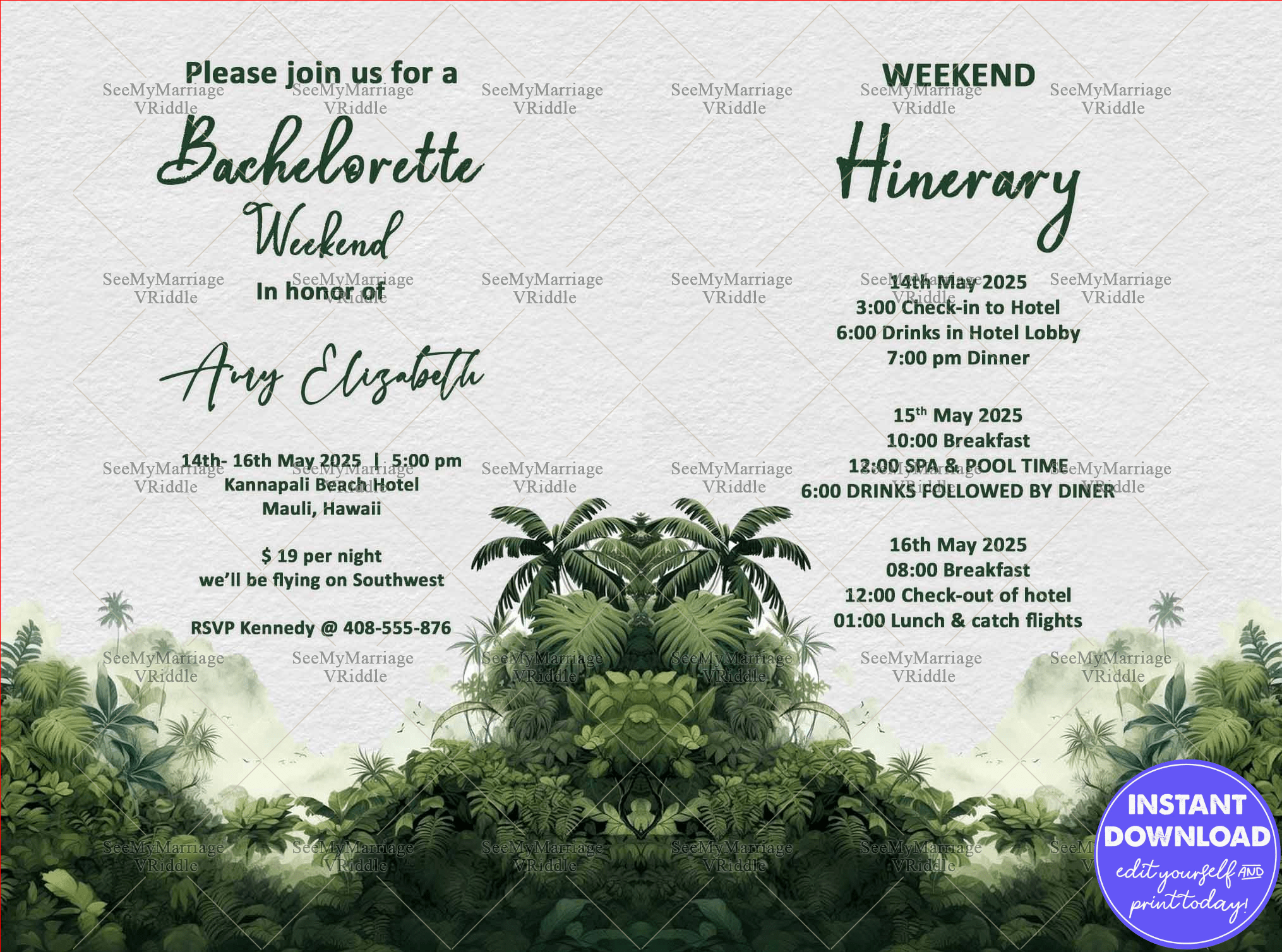 Tropical Bachelorette Weekend Invitation Suite with Greenery Border and Itinerary Details