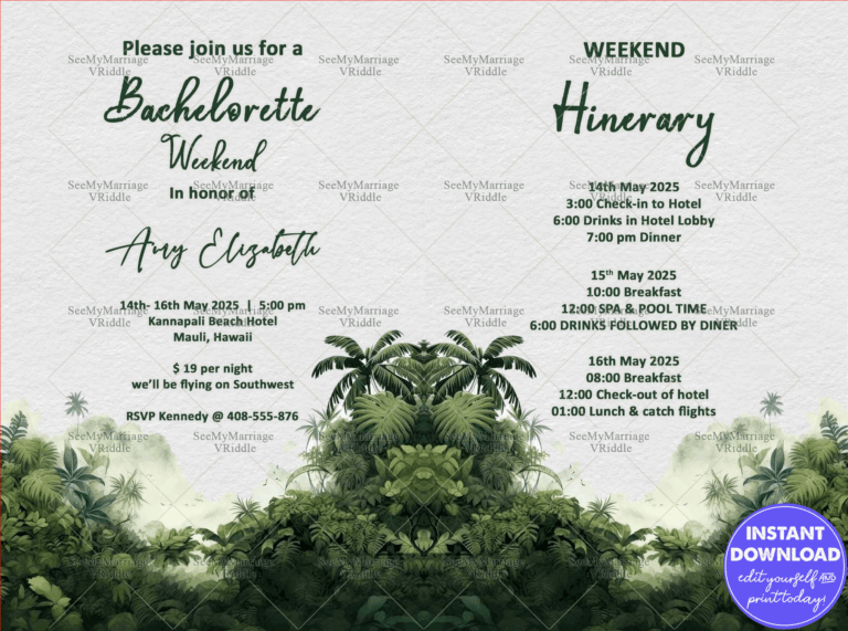 Tropical Bachelorette Weekend Invitation Suite with Greenery Border and Itinerary Details