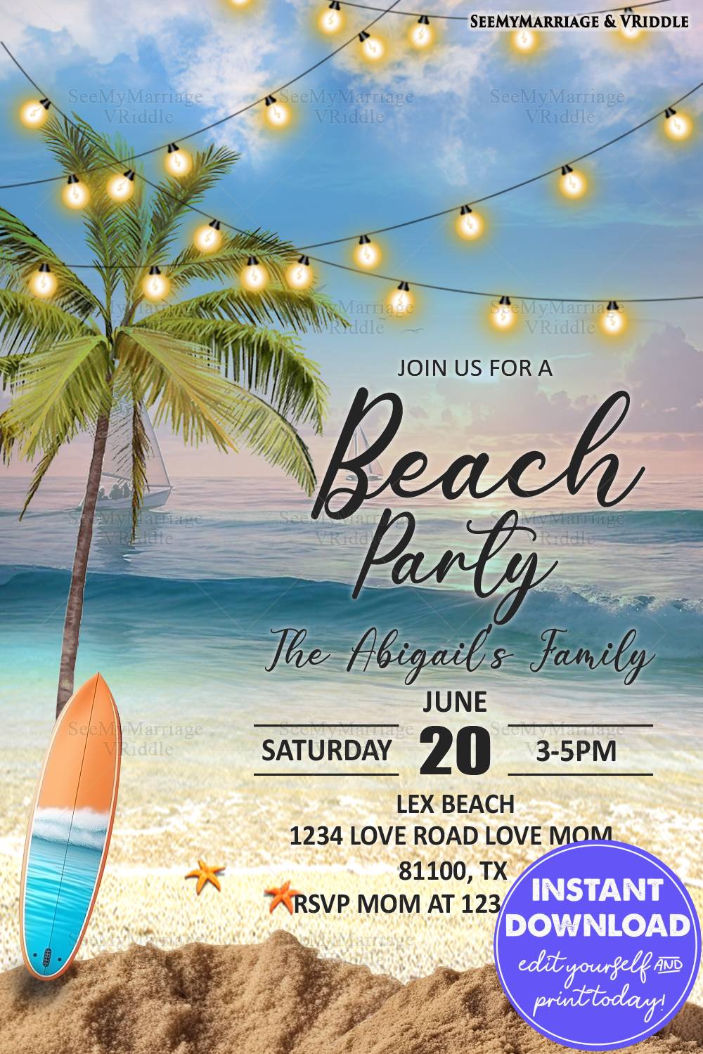 Tropical Beach Party Invitation with Palm Tree, Fairy Lights, Surfboard and Sunset Vibes