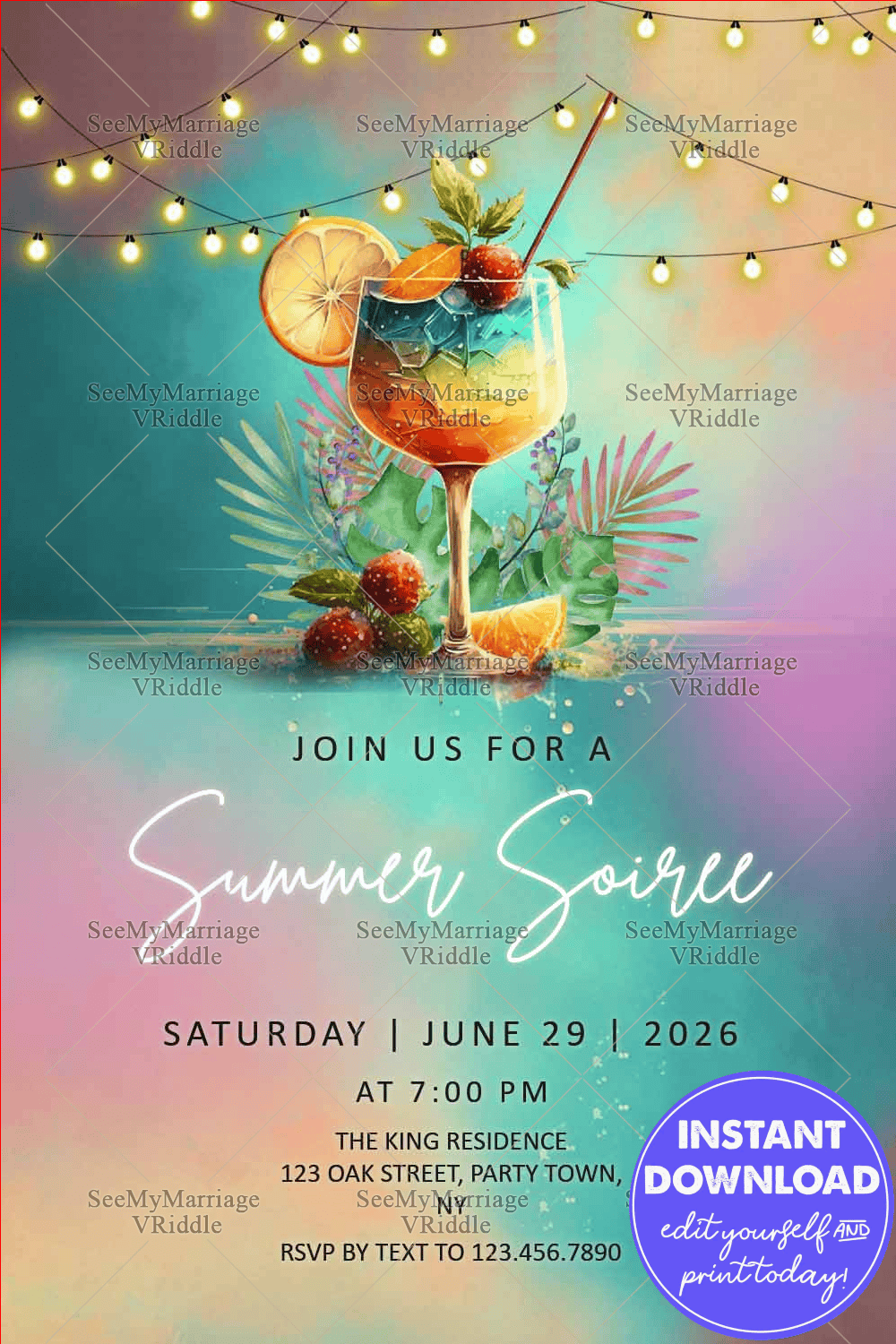 Tropical Summer Soiree Invitation Featuring Cocktail Illustration, Festive String Lights, and Gradient Background