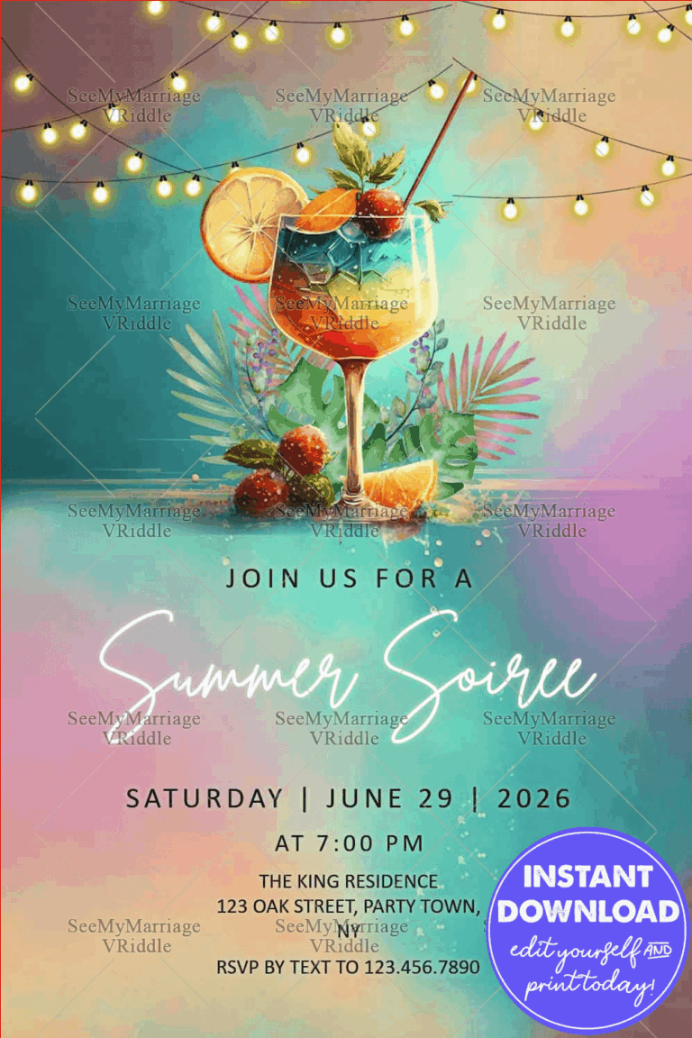 Tropical Summer Soiree Invitation Featuring Cocktail Illustration, Festive String Lights, and Gradient Background