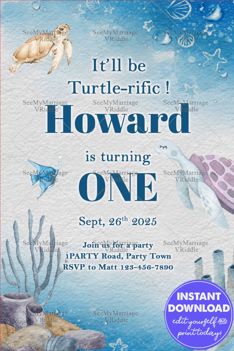 Underwater-Themed First Birthday Invitation with Turtles, Coral, and Ocean Elements