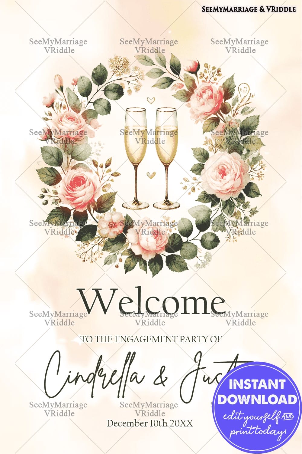 Floral Wreath Engagement Welcome Sign Champagne Glasses with Romantic Rose Design