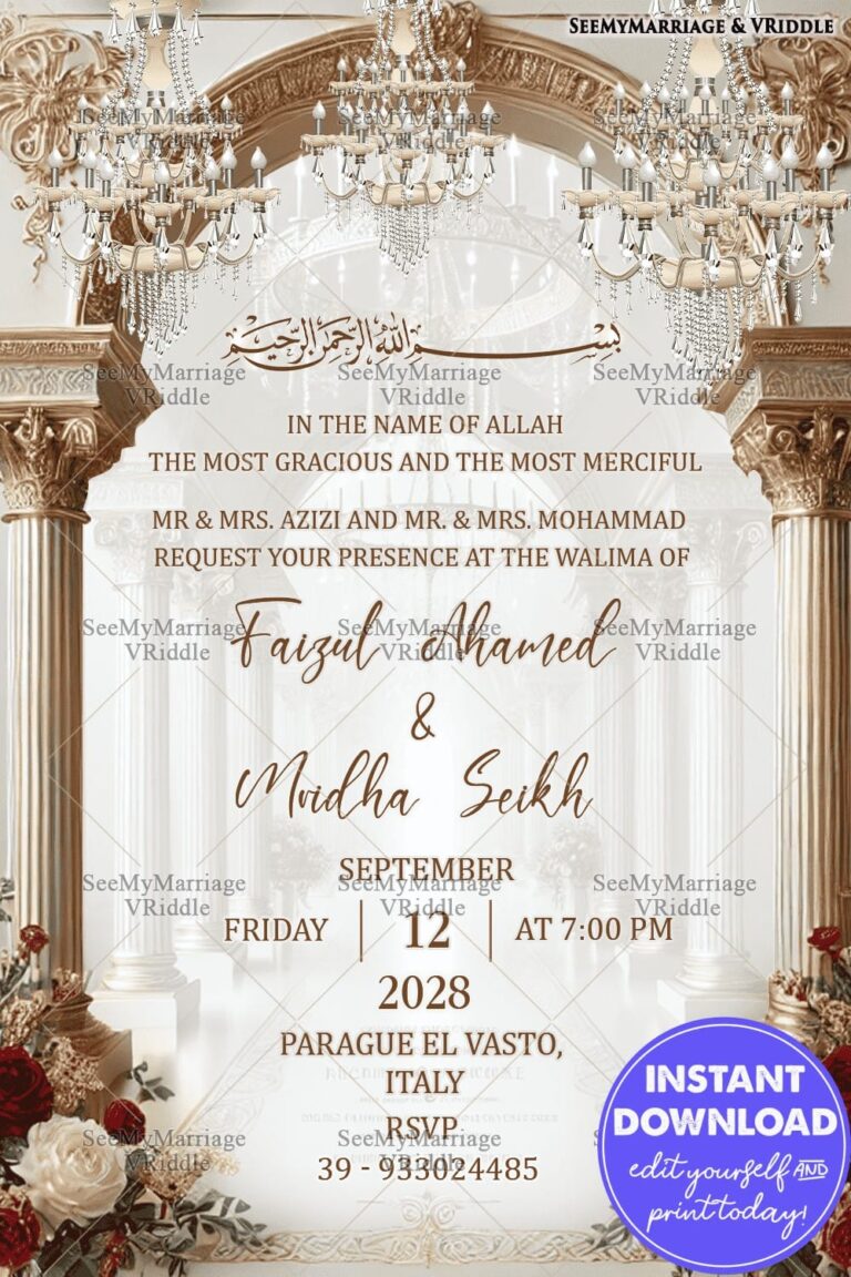 Luxurious Walima Invitation with Chandeliers and Floral Accents