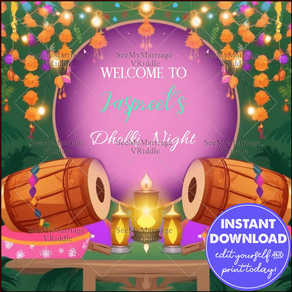 Vibrant Dholki Night Invitation Banner with Drums, Lanterns, Floral Garland, and Festive Indian Decor