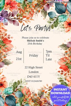 Vibrant Floral Frame Birthday Party Invitation for a 25th Celebration