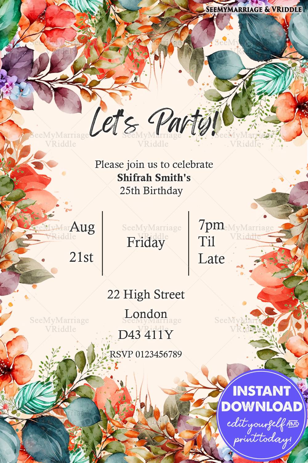 Vibrant Floral Frame Birthday Party Invitation for a 25th Celebration
