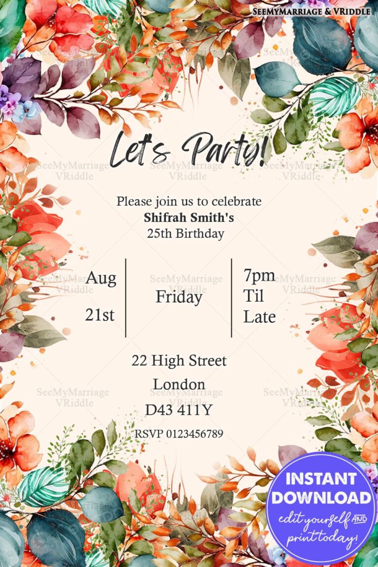 Vibrant Floral Frame Birthday Party Invitation for a 25th Celebration