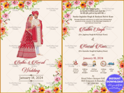 Vibrant Floral Traditional Sikh Wedding Invitation Including Wedding Itinerary and Couple Illustration