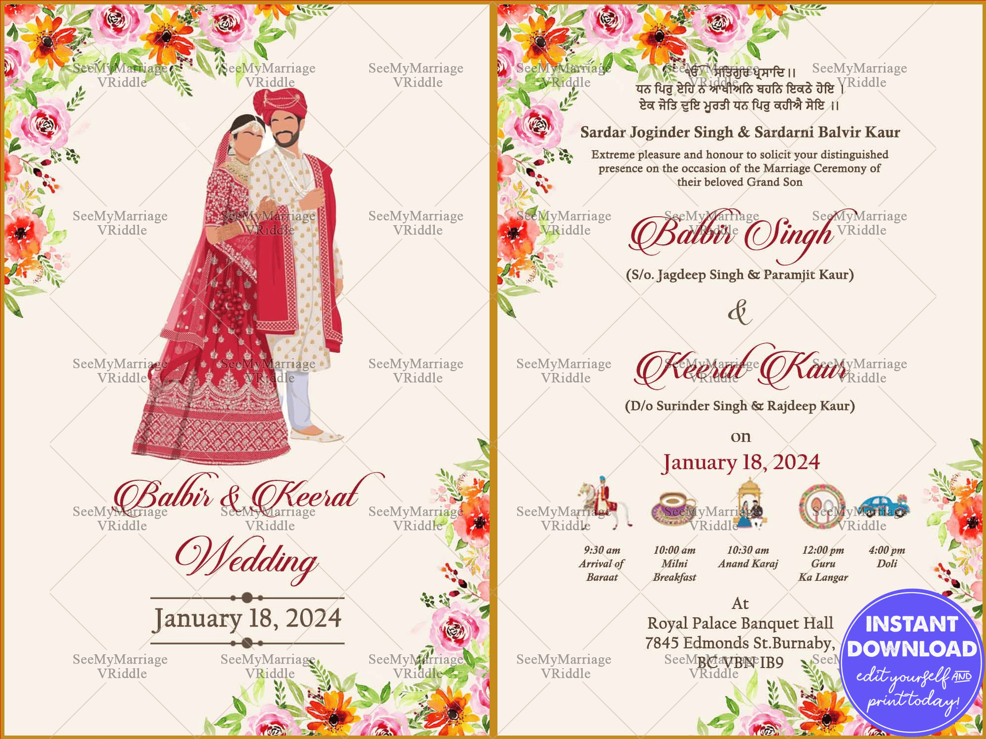 Vibrant Floral Traditional Sikh Wedding Invitation Including Wedding Itinerary and Couple Illustration