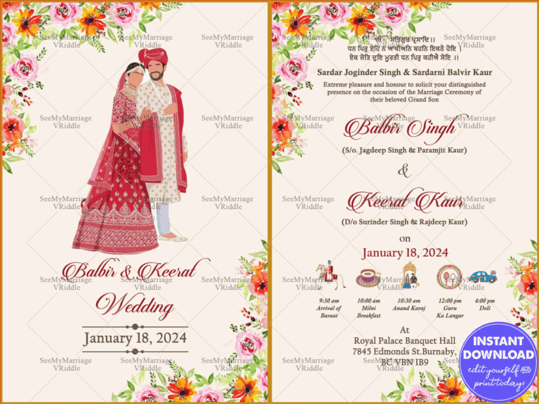 Vibrant Floral Traditional Sikh Wedding Invitation Including Wedding Itinerary and Couple Illustration