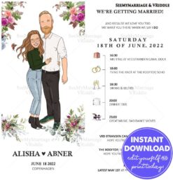 Vibrant Floral Wedding Card Design with Couple Illustration and Day's Itinerary
