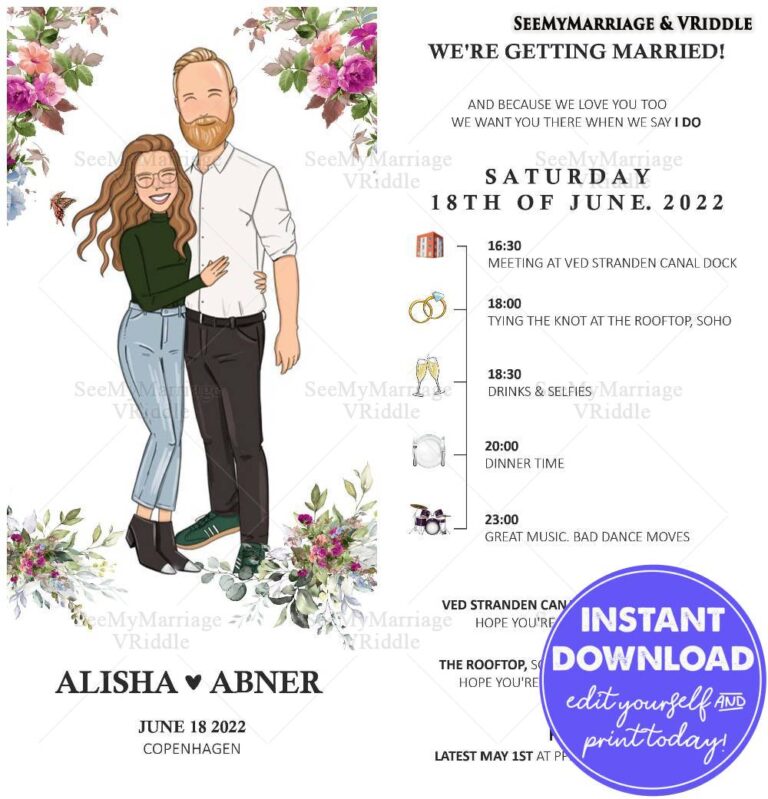 Vibrant Floral Wedding Card Design with Couple Illustration and Day's Itinerary