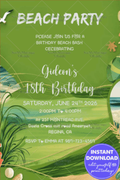 Vibrant Green Background 18th Birthday Invitation with Tropical Beach Theme and Ocean Elements