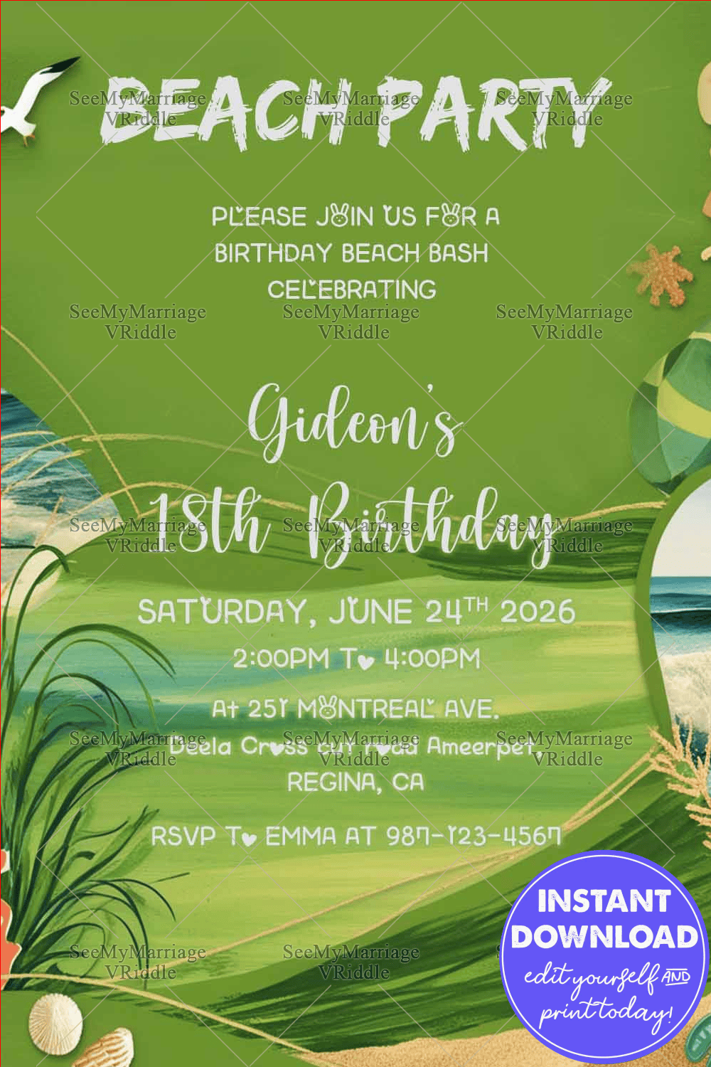 Vibrant Green Background 18th Birthday Invitation with Tropical Beach Theme and Ocean Elements