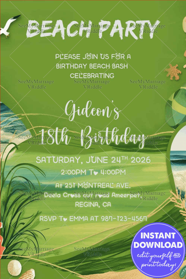 Vibrant Green Background 18th Birthday Invitation with Tropical Beach Theme and Ocean Elements