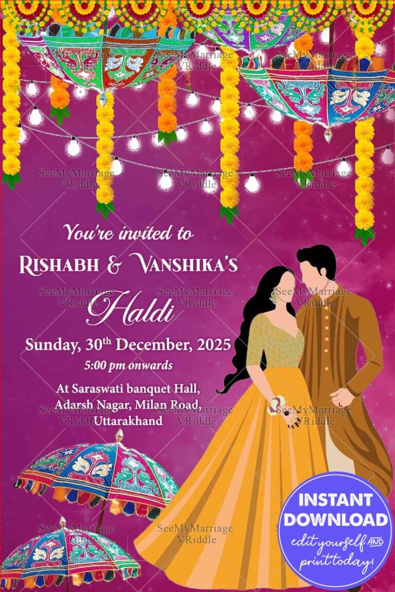 Vibrant Haldi Ceremony Invitation with Couple Illustration and Decorative Umbrellas, Marigold Garlands and Festive Lights