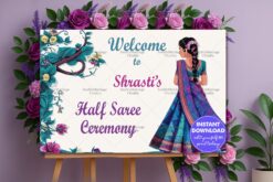 Vibrant Half Saree Ceremony Banner with Floral Motifs and Traditional Attire Illustration