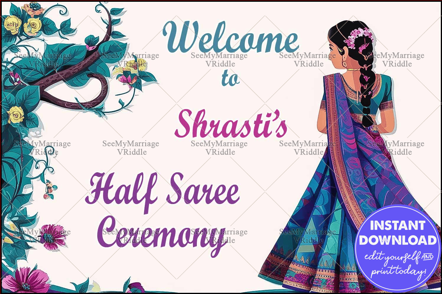 Vibrant Half Saree Ceremony Banner with Floral Motifs and Traditional Attire Illustration
