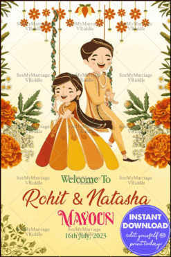 Vibrant Mayoun Ceremony Invitation Banner with Playful Couple Illustration, Marigold Garlands, and Floral Motifs