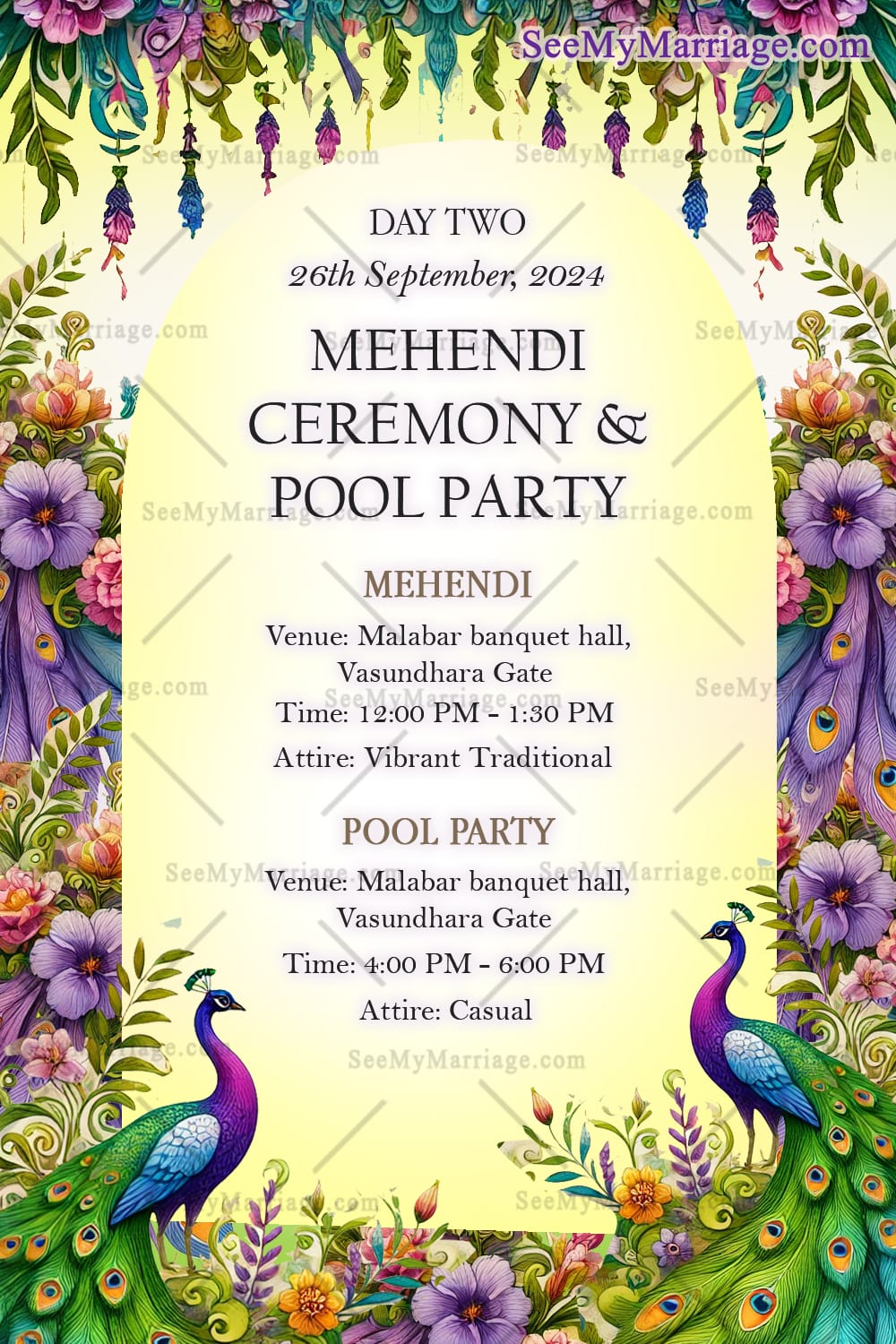 Vibrant Mehendi Ceremony and Pool Party Invitation with Floral Peacock Design