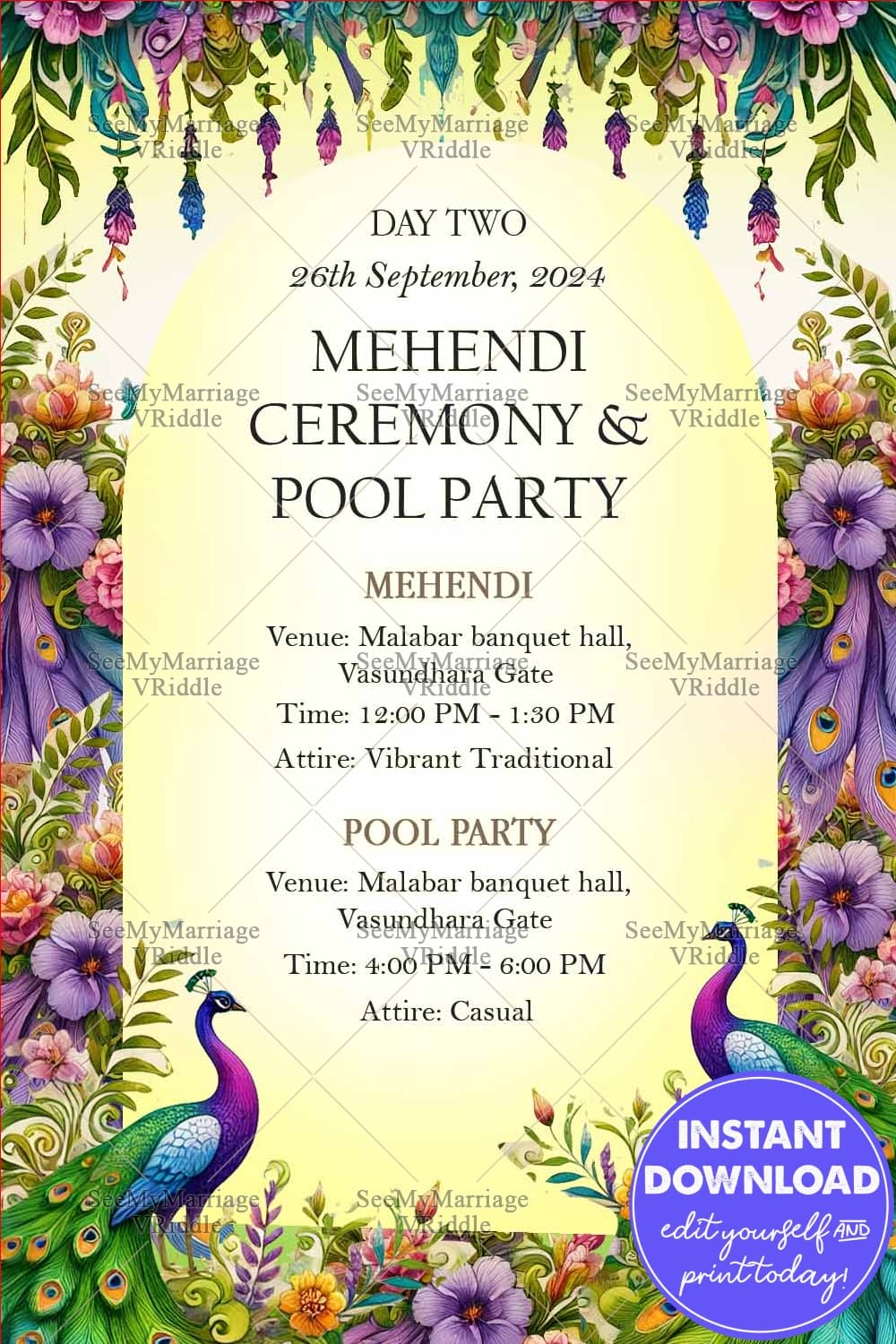 Vibrant Mehendi Ceremony and Pool Party Invitation with Floral Peacock Design