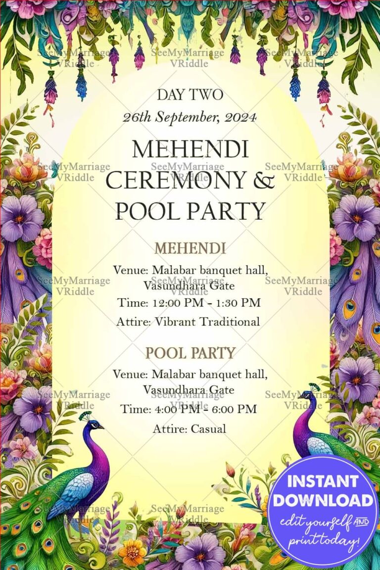 Vibrant Mehendi Ceremony and Pool Party Invitation with Floral Peacock Design