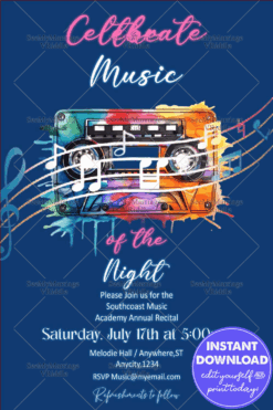 Vibrant Music Recital Invitation with Watercolor Boombox, Music Notes, and Neon Typography