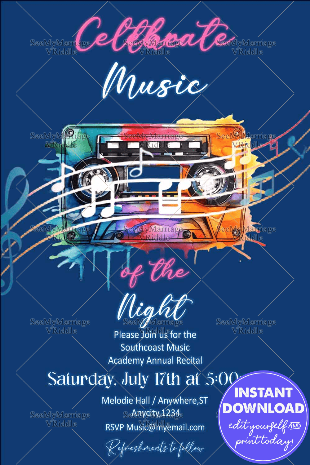 Vibrant Music Recital Invitation with Watercolor Boombox, Music Notes, and Neon Typography