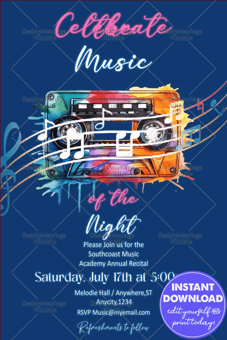 Vibrant Music Recital Invitation with Watercolor Boombox, Music Notes, and Neon Typography