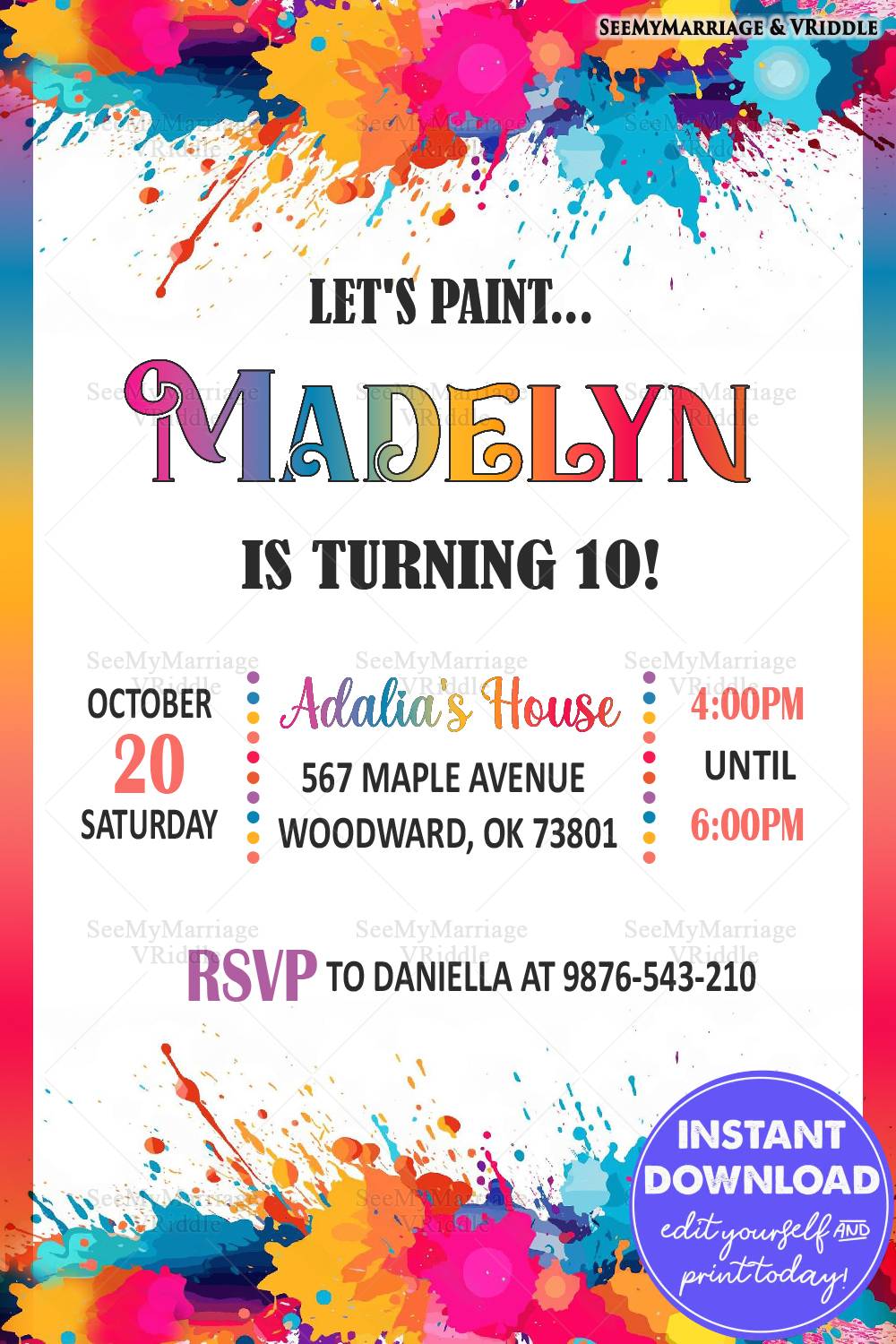 Vibrant Paint-Themed 10th Birthday Invitation with Splatter Art and Rainbow Details