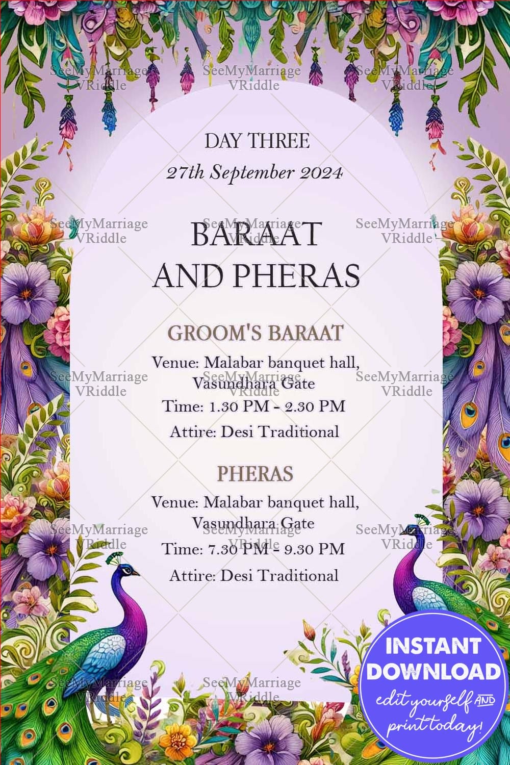 Vibrant Peacock-Themed Baraat and Pheras Wedding Invitation with Floral Accents