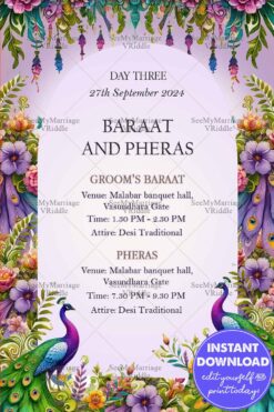 Vibrant Peacock-Themed Baraat and Pheras Wedding Invitation with Floral Accents