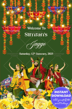 Vibrant Punjabi-Themed Jaggo Ceremony Welcome Banner with Traditional Decor and Yellow Flowers