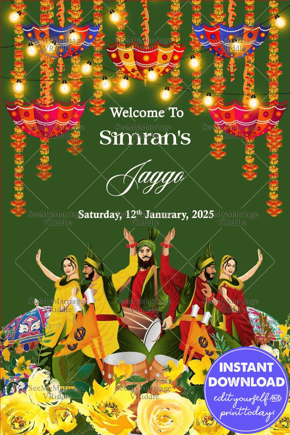 Vibrant Punjabi-Themed Jaggo Ceremony Welcome Banner with Traditional Decor and Yellow Flowers