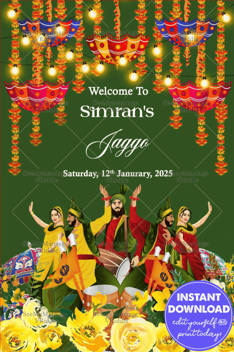 Vibrant Punjabi-Themed Jaggo Ceremony Welcome Banner with Traditional Decor and Yellow Flowers