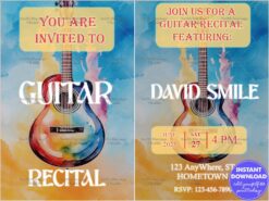 Vibrant Watercolor Guitar Recital Invitation with Acoustic Guitar Illustration and Highlighted Event Details