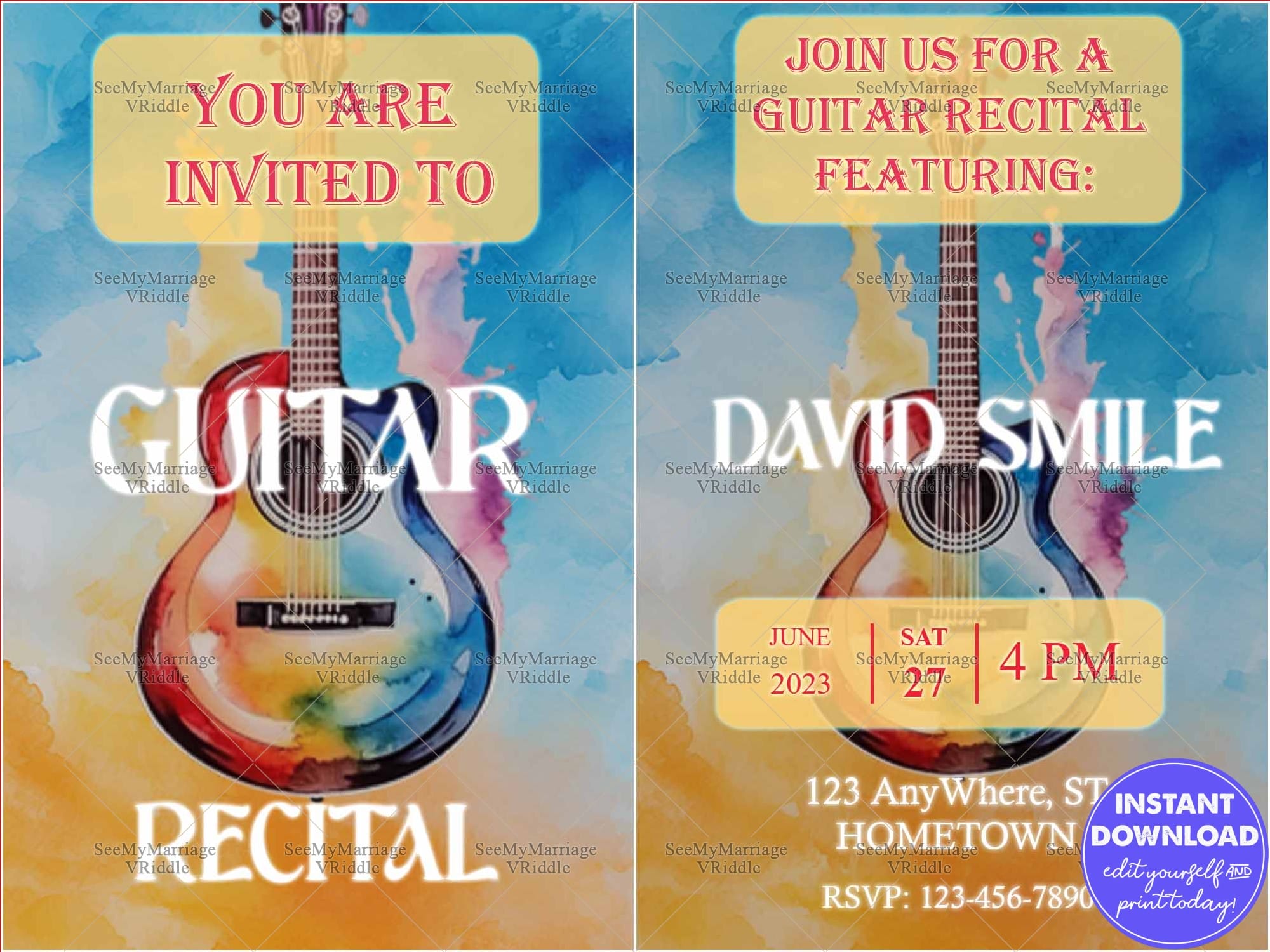 Vibrant Watercolor Guitar Recital Invitation with Acoustic Guitar Illustration and Highlighted Event Details