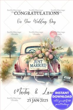 Vintage Car Wedding Congratulations Card Personalized Just Married Floral Design