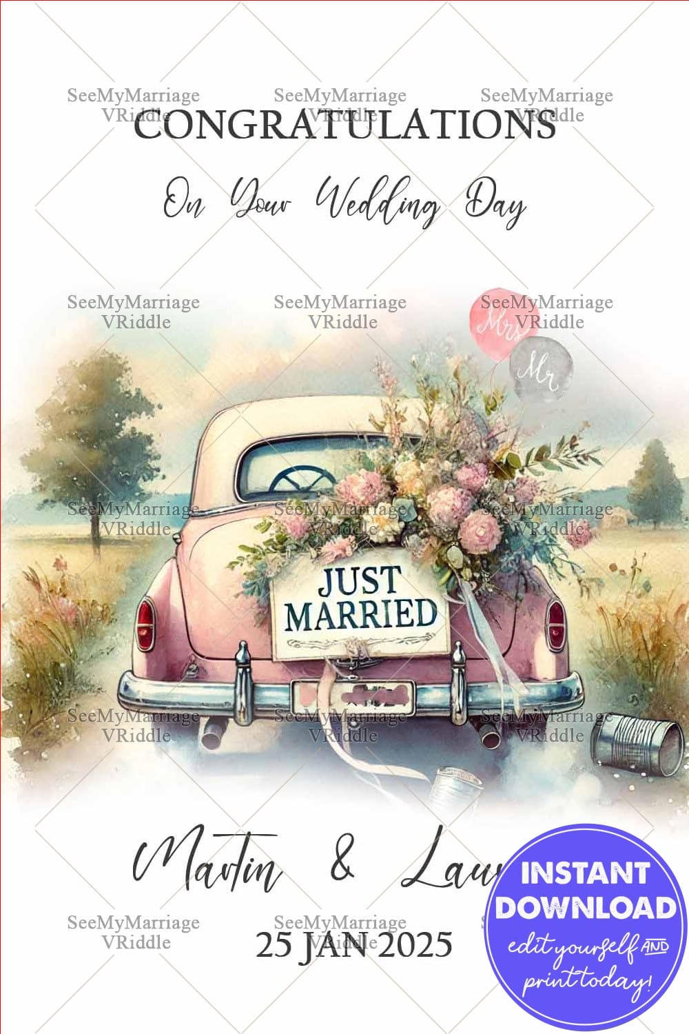 Vintage Car Wedding Congratulations Card Personalized Just Married Floral Design