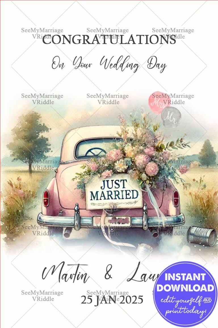 Vintage Car Wedding Congratulations Card Personalized Just Married Floral Design