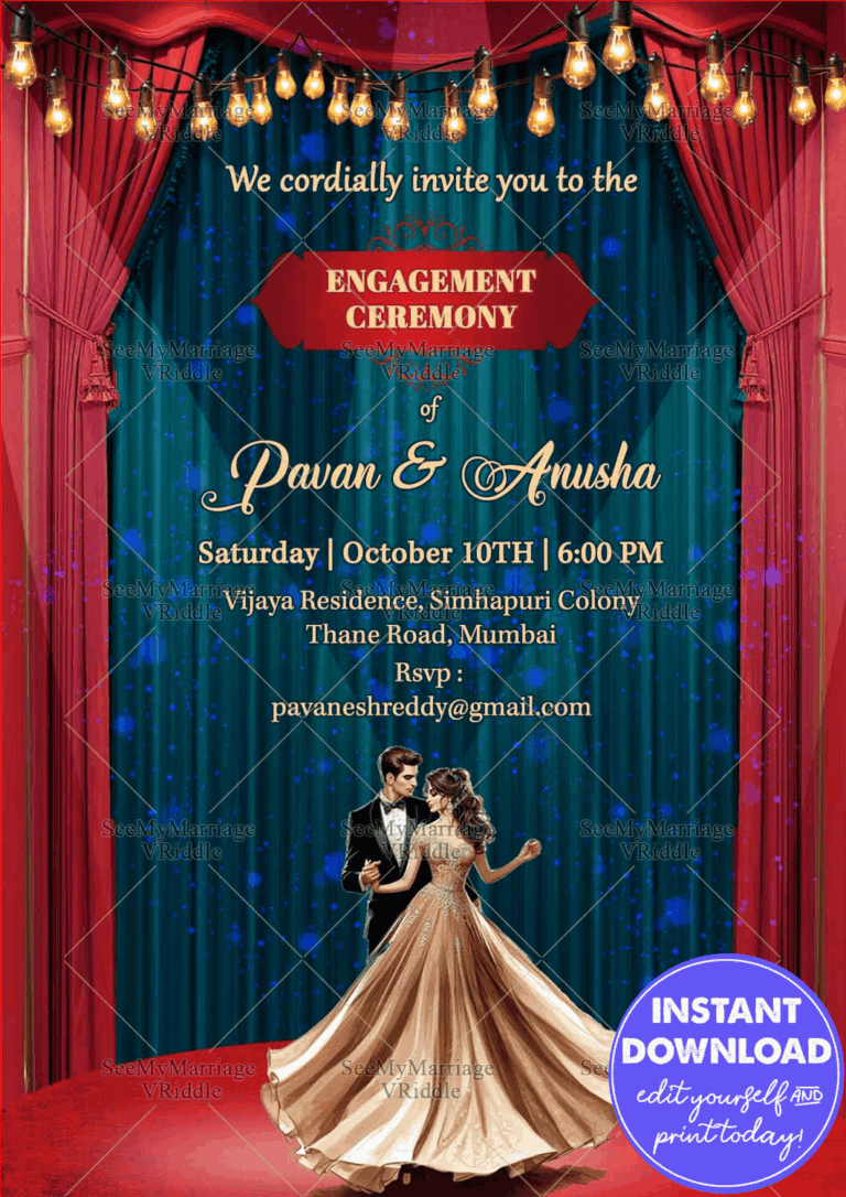 Vintage Lights Engagement Invitation with Elegant Couple Illustration