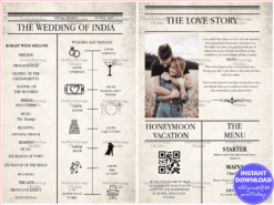 Vintage Magazine themed Wedding Program Itinerary with Love Story and Menu Details