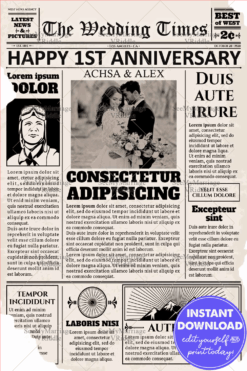 Vintage Newspaper-Style Anniversary Announcement with a Classic Black and White Couple Photo