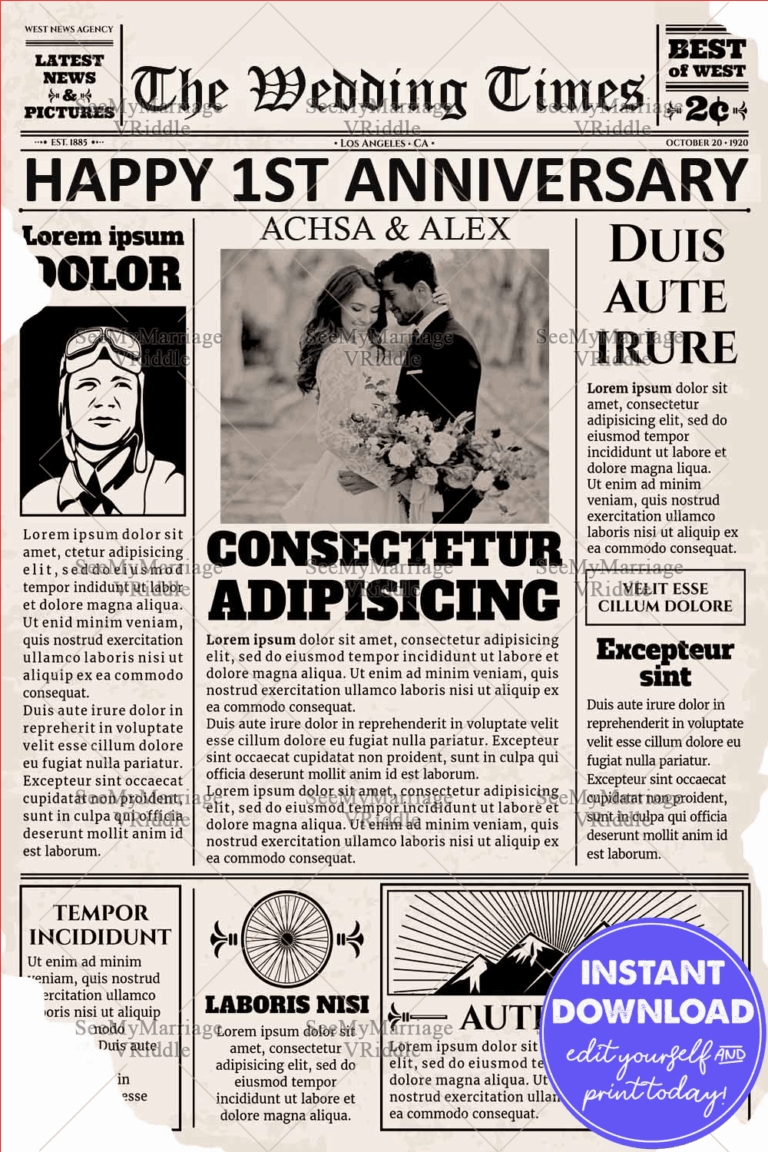Vintage Newspaper-Style Anniversary Announcement with a Classic Black and White Couple Photo