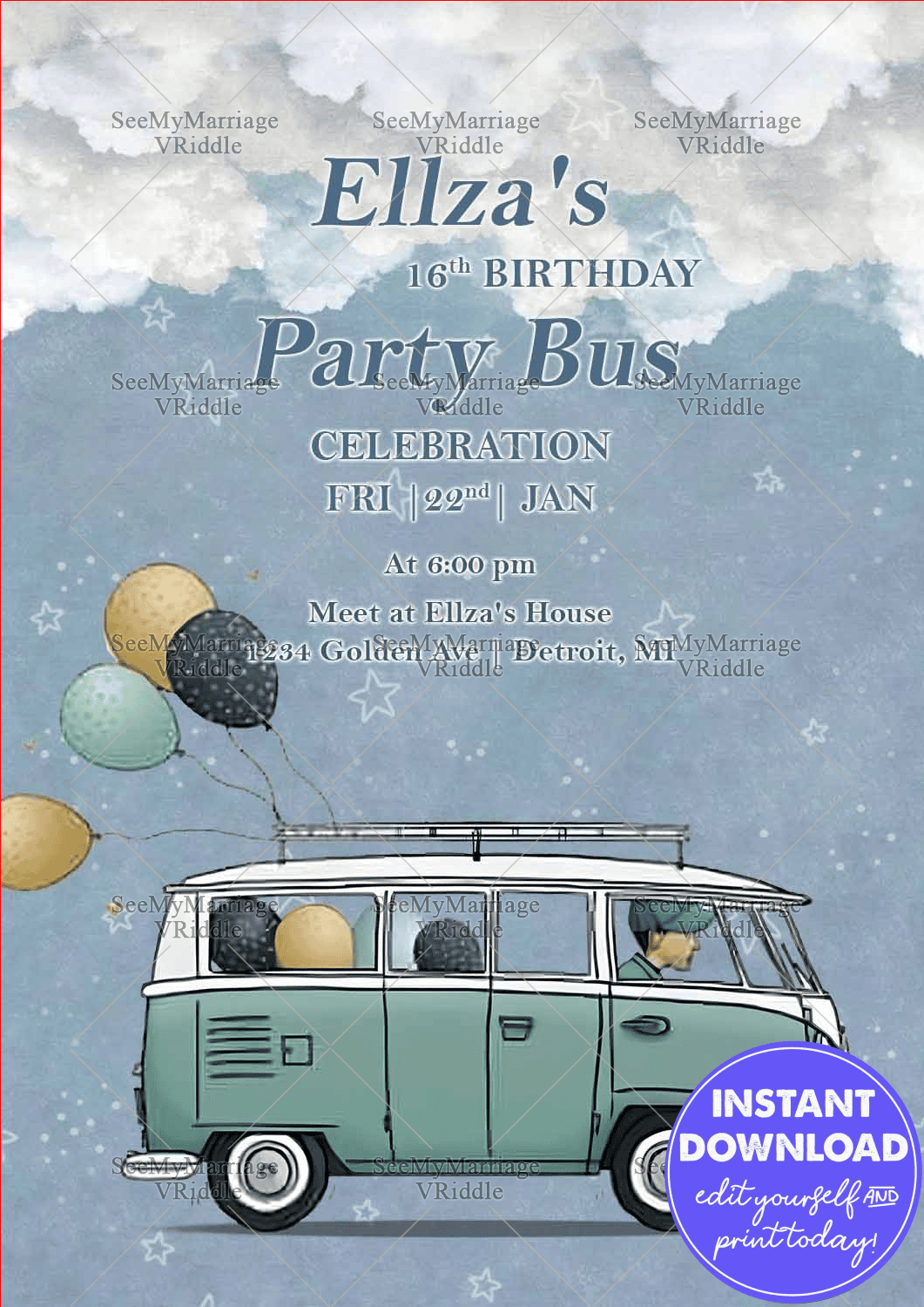 Vintage Party Bus Invitation Sweet 16 Celebration Theme