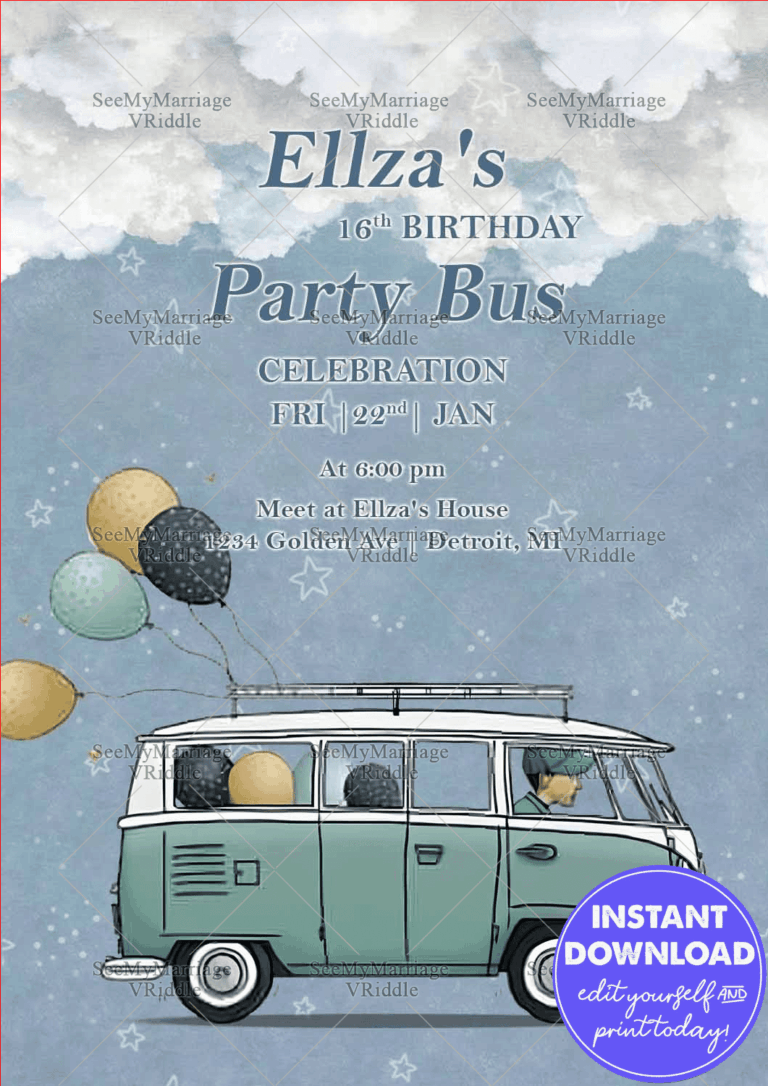 Vintage Party Bus Invitation Sweet 16 Celebration Theme