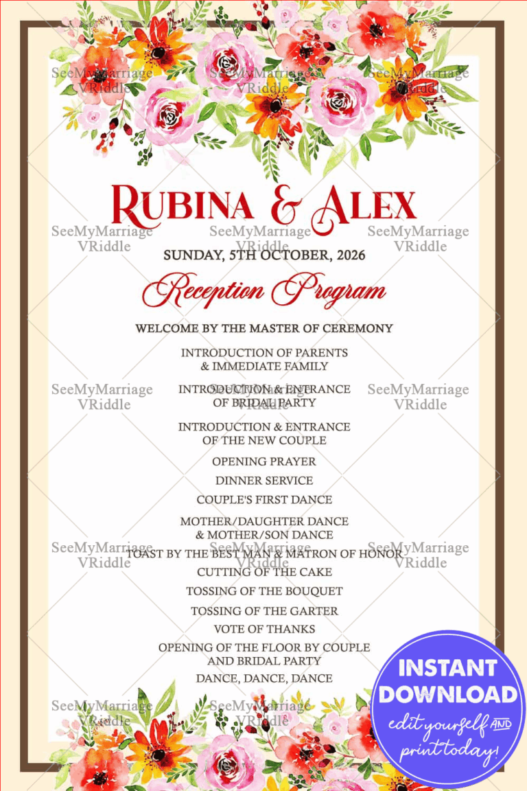 Wedding Reception Program Outline with Romantic Floral Details